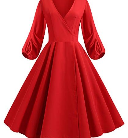 JIER Damen 1950s V-Ausschnitt Vintage Kleider 3/4 Ärmel Retro Elegant Cocktailkleid A Linien Rockabilly Abendkleid Schwingen Partykleider mit Laternenärmel (Rot,Large)