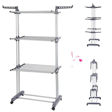 Faltbarer Wäscheständer, mobil, groß, faltbar, 3 Ebenen, platzsparend, Wäscheständer, Tower, Wäschetrockner (75 – 126) x 64 x 170 cm (Silbergrau))
