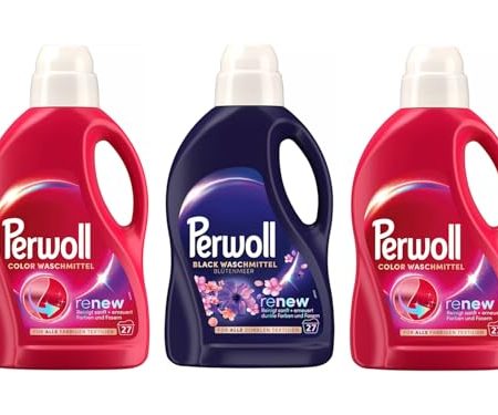 PERWOLL Flüssig-Set 3x 27 Waschladungen (81WL) 1x Black Blütenmeer & 2x Color, Feinwaschmittel reinigt sanft und erneuert Farben und Fasern, mit Dreifach-Renew-Technologie