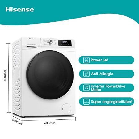 Hisense WFQA7014EVJM Waschmaschine mit Dampffunktion/ 7 kg /AquaStop/ 1400 U/min /15 Programme/ Inverter PowerDrive Motor/Edelstahltrommel/Kindersicherung/Trommelreinigung/Weiß