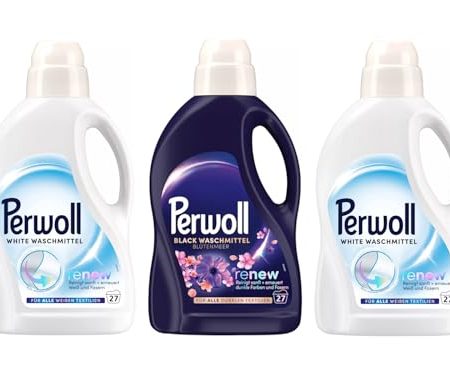 PERWOLL Flüssig-Set 3x 27 Waschladungen (81WL) 1x Black Blütenmeer & 2x White, Feinwaschmittel-Set reinigt sanft und erneuert dunkle Farben/Weiß und Fasern, mit Dreifach-Renew-Technologie