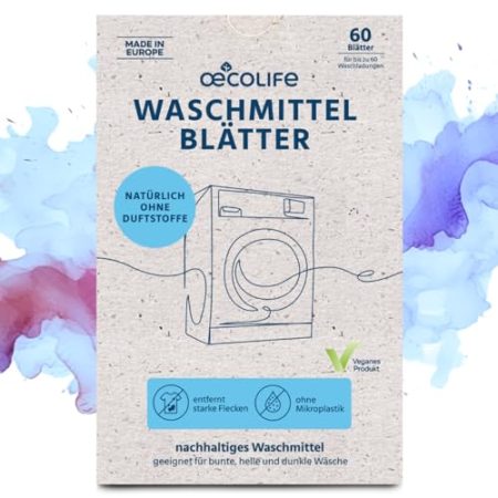 oecolife Waschmittel Blätter ohne Duft, 60 Waschladungen, Vollwaschmittel, Waschmittelstreifen für Weiß- und Buntwäsche, wasserlöslich, biologisch abbaubar, nachhaltig, Waschstreifen, Waschblätter