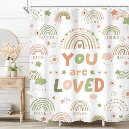 Imirell Kinder-Duschvorhang mit Regenbogen-Zitaten, 152 x 183 cm (B x H), Mädchen, Cartoon, niedlich, inspirierend, motivierend, rosa und grün, Blume, positiver Stoff, wasserdicht, Polyester, mit 12