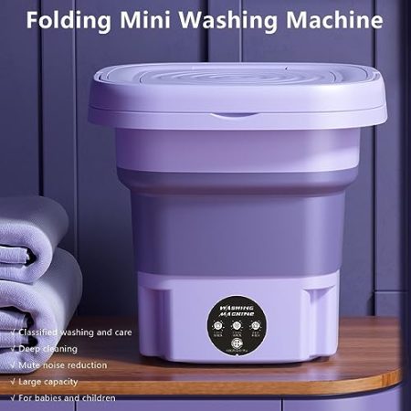 Tragbare Waschmaschine 8L Mini Faltbare Waschmaschine mit Abtropfkorb, Automatische Desinfektionswaschmaschine für Unterwäsche, Socken, Babykleidung, Reisen, Camping, RV, Wohnheim, Wohnung, Lila