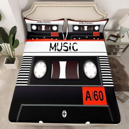 3D Spannbettlaken 90x200 cm Musik Weiches Mikrofaser Bettlaken Spannbetttuch für Kinder, Musikband Bettlaken - Tiefe Tasche 30 cm Mit 1 Kissenbezügen L2096