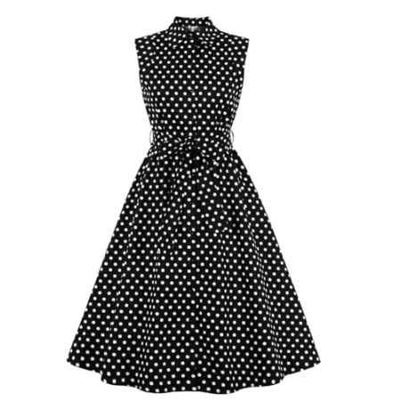 Frauen Lady Flip Kragen Polka dot ärmellos Stil Krawatte up große Saum Vintage Kleid Freizeit Sport Kleid