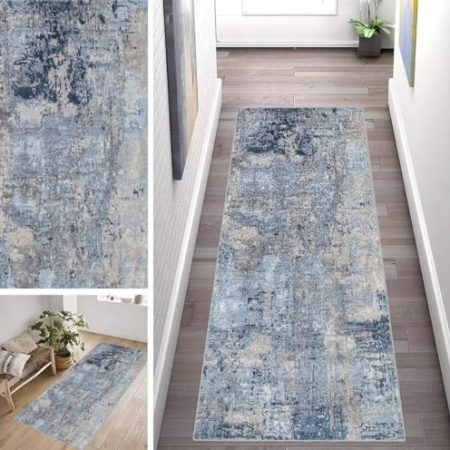 ZUZEKU Abstrakte Bunt Läufer Flur Küche Waschbar rutschfest 50X180cm Vintage Blau und Grau Lang Küchenteppich Flurteppich Teppich Fur Korridor Wohnzimmer Schlafzimmer Meterware Anpassbar