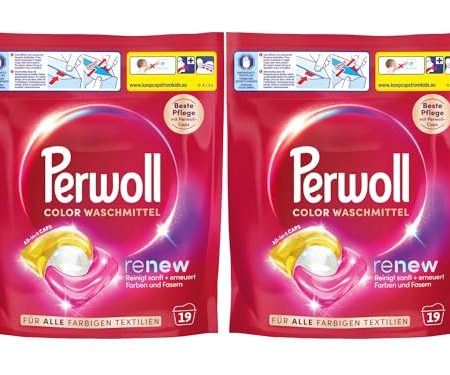 PERWOLL Caps Color Waschmittel 2x 19 WL (38 Wäschen), All-in-1 Waschmittel Caps reinigen sanft und erneuern Farben & Fasern, für alle farbigen Textilien, mit Dreifach-Renew-Technologie