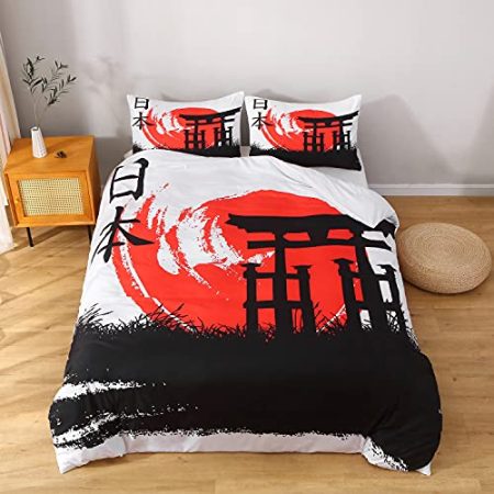 Japanische Torii 3 Teilig Bettwäsche 135 x 200 Rot Microfaser Bettbezug und Kissenbezug 80 x 80 mit Bügelfrei Reißverschlus, Asiatischer Stil Bettwäsche-Set Schwarz Pflegeleicht und atmungsaktive