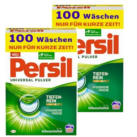 Persil Universal Pulver Waschmittel 200 (2x 100) Waschladungen, Vollwaschmittel mit Tiefenrein-Plus Technologie bekämpft hartnäckigste Flecken für strahlende Reinheit