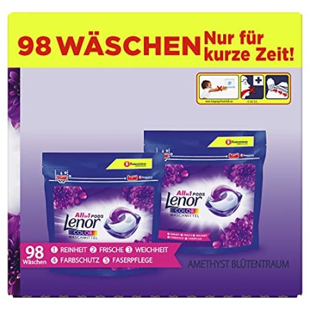 Lenor Waschmittel Pods All-in-1, Color Waschmittel, 98 Waschladungen (2 x 49) Frischer Wäscheduft und Farbschutz, Amethyst Blütentraum