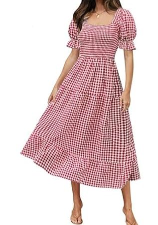 Lay U HOME Sommer Frauen Plaid Square Neck Plissee-Blase ärmel mid Länge Backless Plissee Kleid Frauen Slim fit Kleid