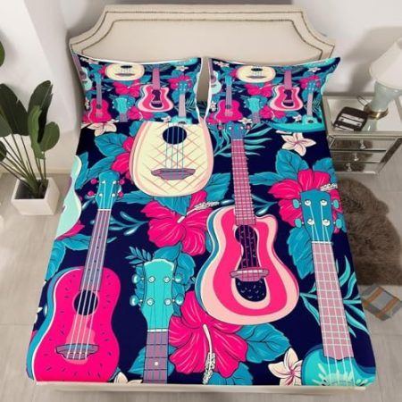 3D Spannbettlaken 90x200 cm Gitarre Weiches Mikrofaser Bettlaken Spannbetttuch für Kinder, Blumen Bettlaken - Tiefe Tasche 30 cm Mit 1 Kissenbezügen L2019