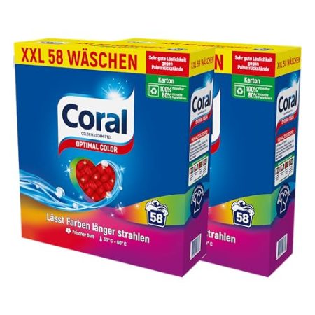 2x Coral Waschpulver Optimal Color XXL effektives Colorwaschmittel für länger strahlende Farben 58 WL