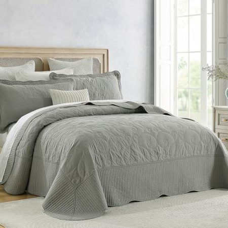 Finlonte Übergroße Tagesdecke für King-Size-Bett, 304,8 x 304,8 cm, 100 % Baumwolle, Rankenstickerei, King-Size-Bett, einfarbig, grau, leicht, extra groß, mit 2 Kissenbezügen