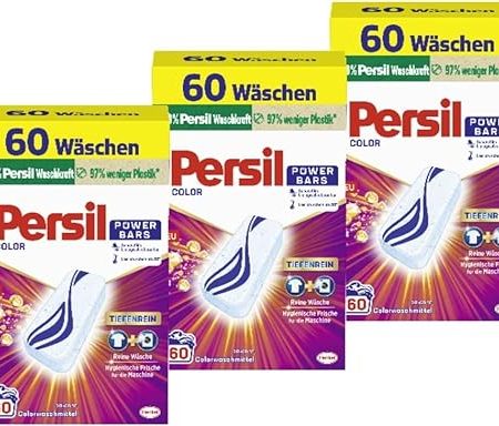 Persil Power Bars Color Waschmittel (3 x 60 Waschladungen), vordosiertes Buntwaschmittel mit biologisch abbaubarem Schutzfilm, für reine Wäsche & hygienische Frische für die Maschine