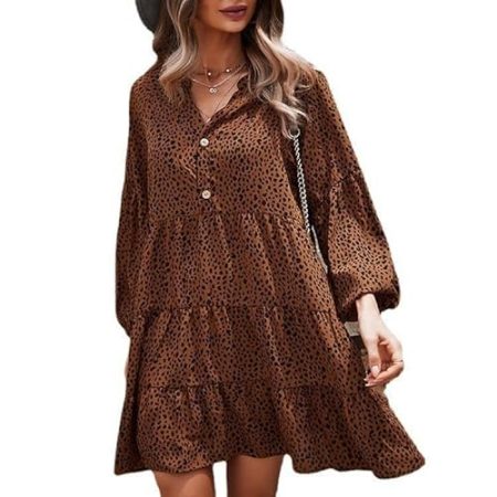 Lay U HOME Frühling und Herbst Laterne Ärmel Lose V-Ausschnitt Knopf Gedruckt Leopard-Muster Kleid Frauen Hause Casual Kleid