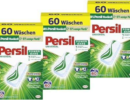 Persil Power Bars Universal Waschmittel (3 x 60 Waschladungen), vordosiertes Vollwaschmittel mit biologisch abbaubarem Schutzfilm, für reine Wäsche & hygienische Frische für die Maschine